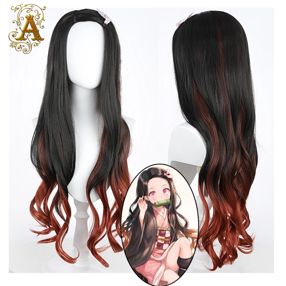 Anime Cosplay Long Black Hair - Czarno-ciemnoczerwona gradientowa peruka cosplay Nezuko, kręcone